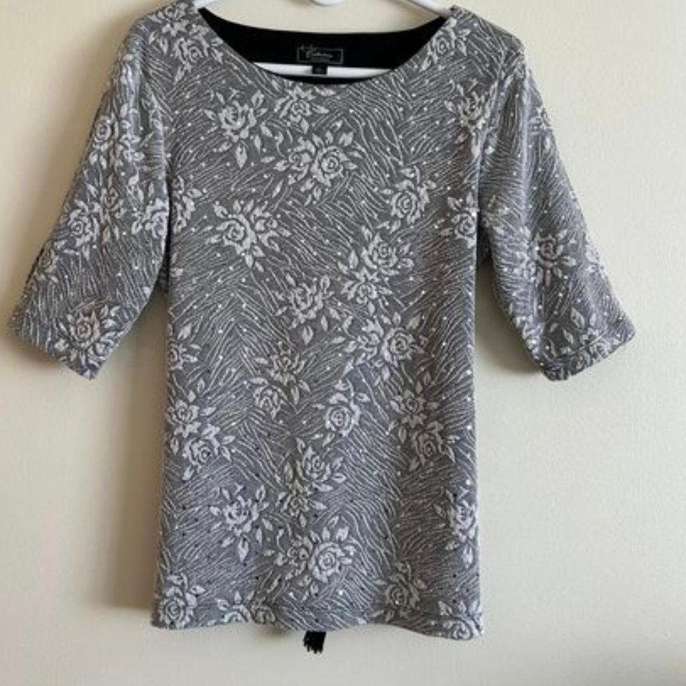 Size Large Grey & Silver Sequin Knit Pullover Top w/Tassel Tie Rope Belt